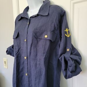 Jessica London Linen Blend Women's Roll Tab Navy Blue Gold Anchor Button Down 14